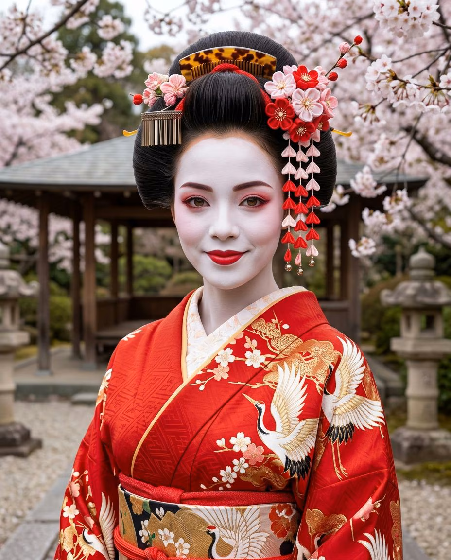 - Clothing: dress in a silk kimono with decorative obi sash
- Hair: style upwa…