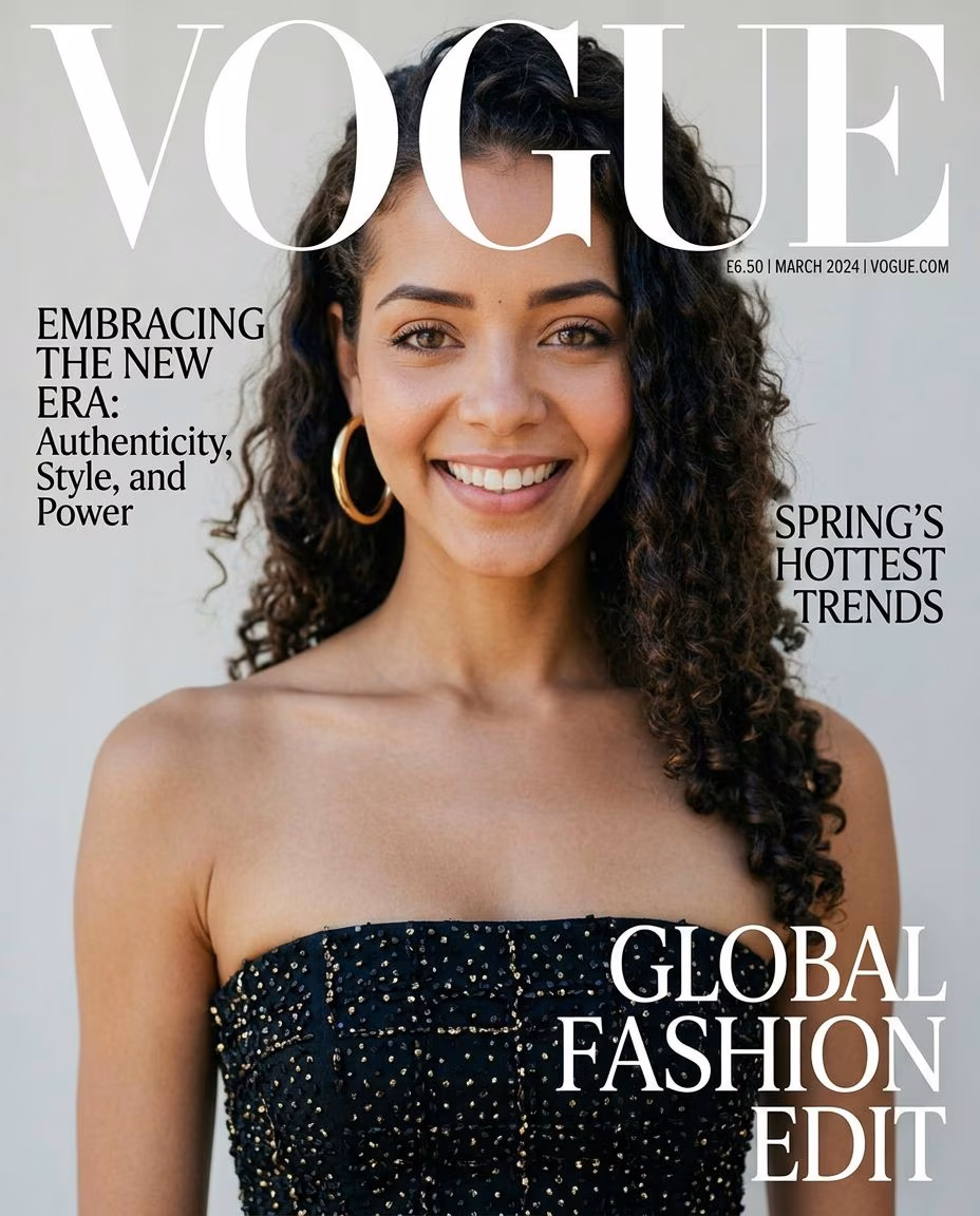 Create a professional magazine cover. Realistic typography, headlines, layout,…