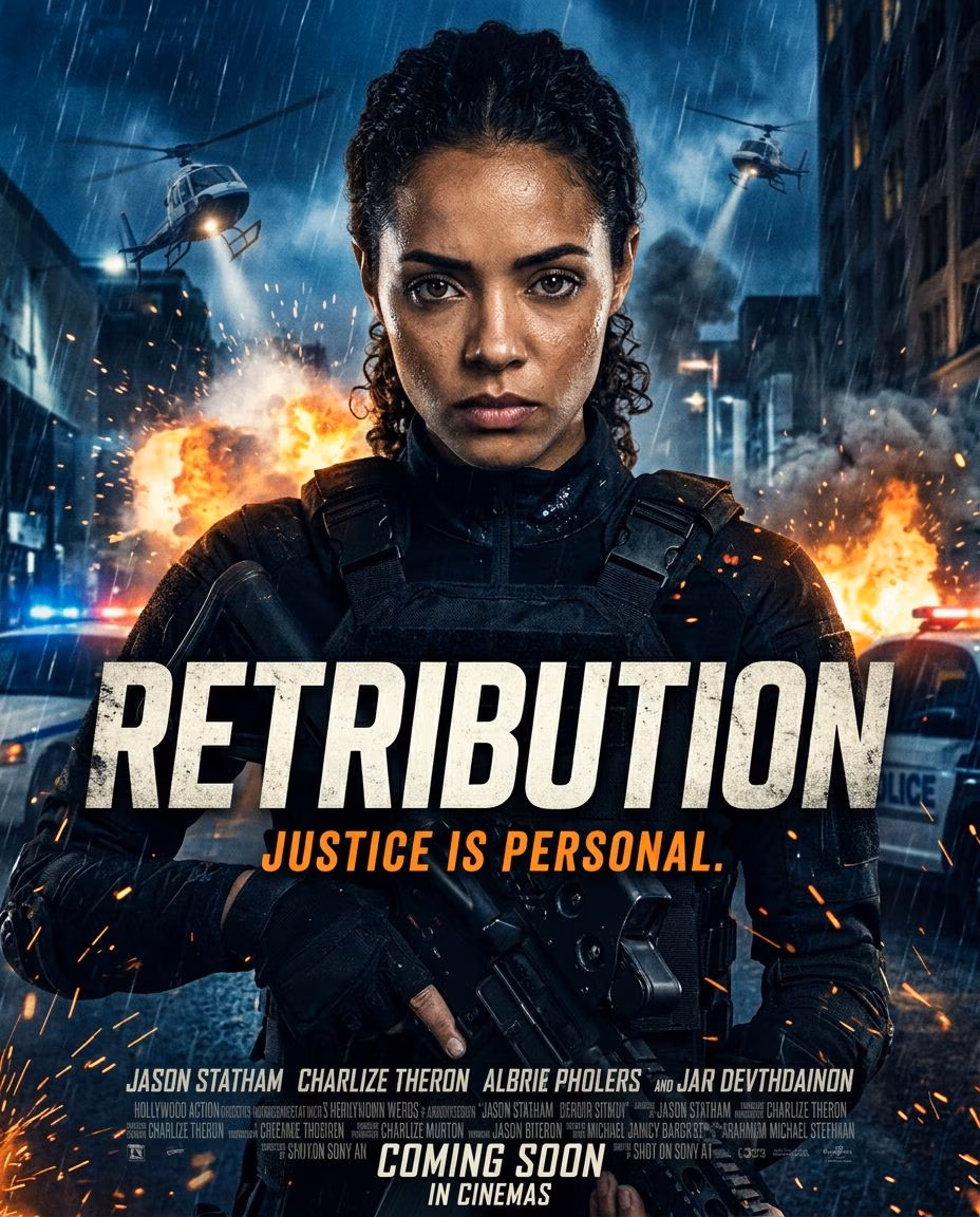 Create a professional movie poster as main character. Dramatic lighting, typog…
